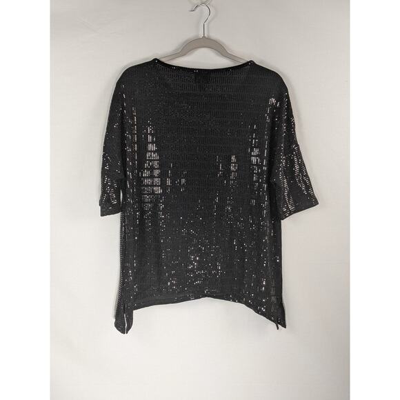 JM Collection Sequin‎ Top Half Sleeve Black Small Scoop Neck Asymmetrical Hem - Picture 2 of 9